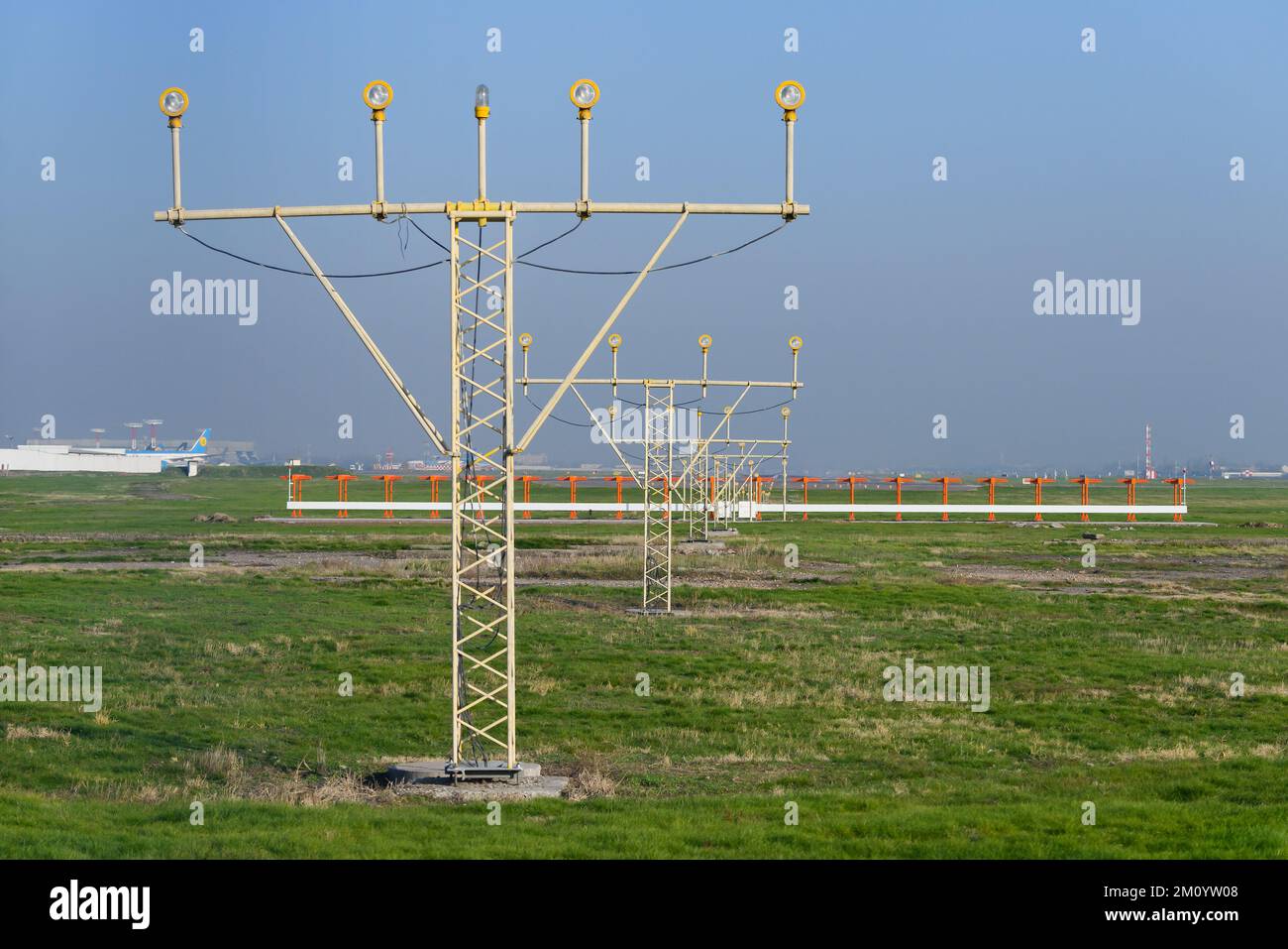 Tashkent Airport runway approach lights. Stock Photo