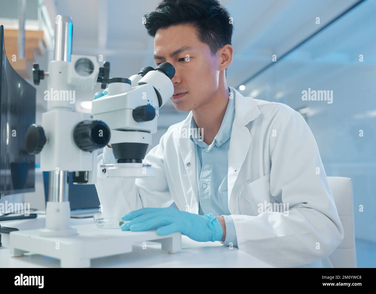 Finding a needle in a haystack. a young male technician analysing samples using a microscope. Stock Photo