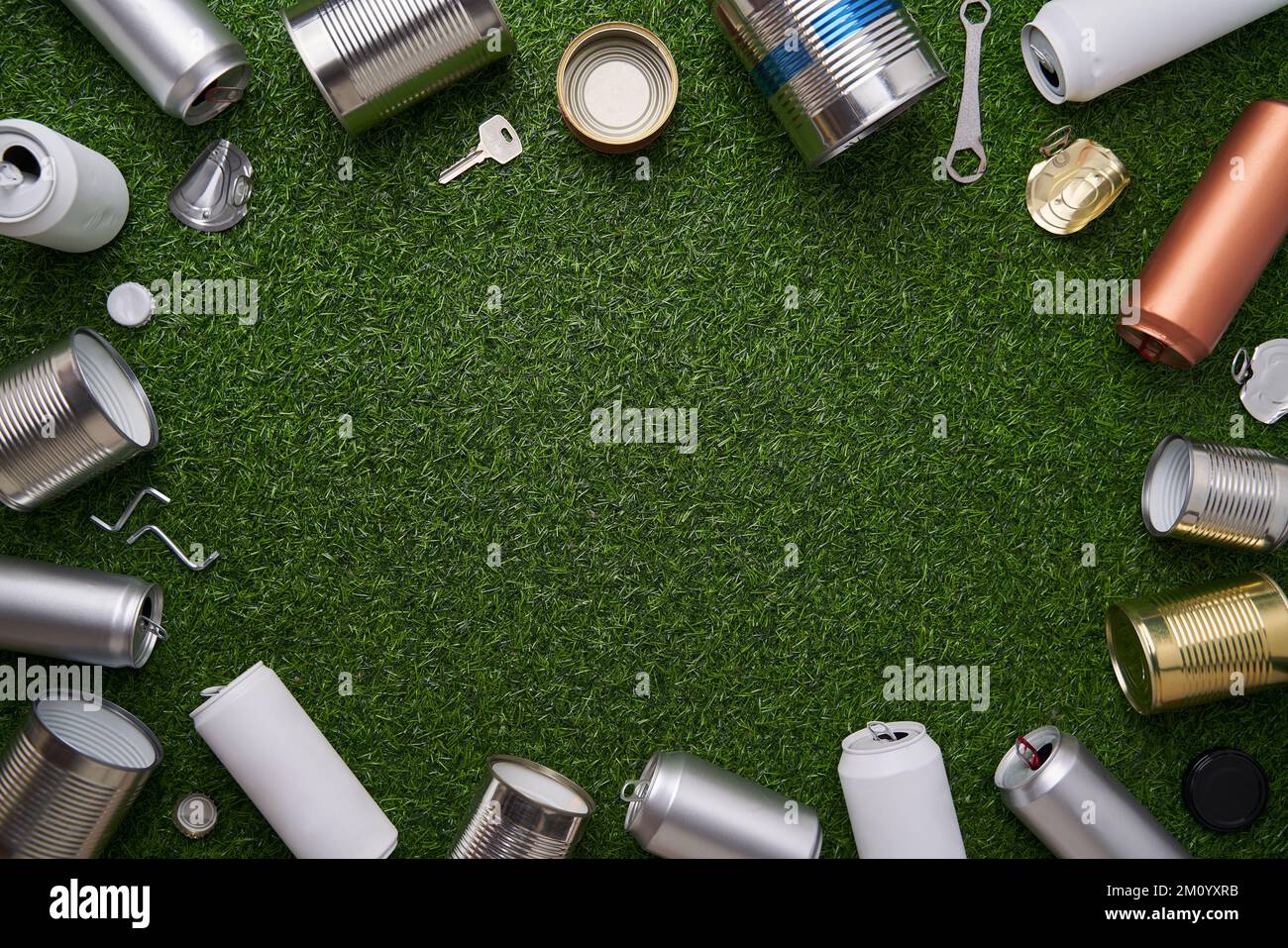 Many metal tins, cans and jars for recycling. Aluminum metal food and drink sorted scraps. Steel