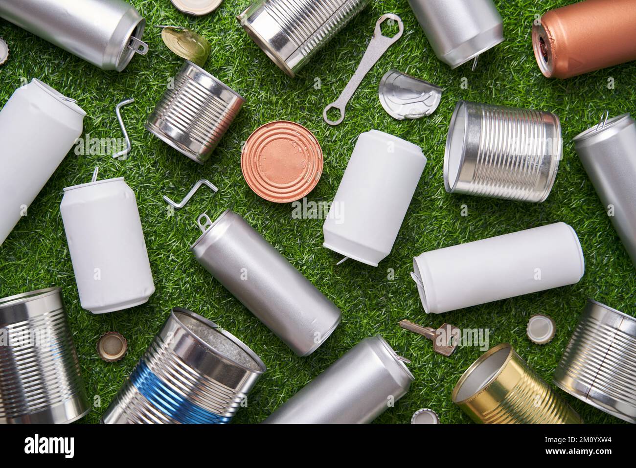 Many metal tins, cans and jars for recycling. Aluminum metal food and