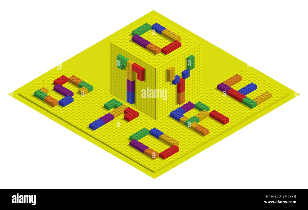 Isometric toy bricks inscription TOY STORE. Horizontal emblem or