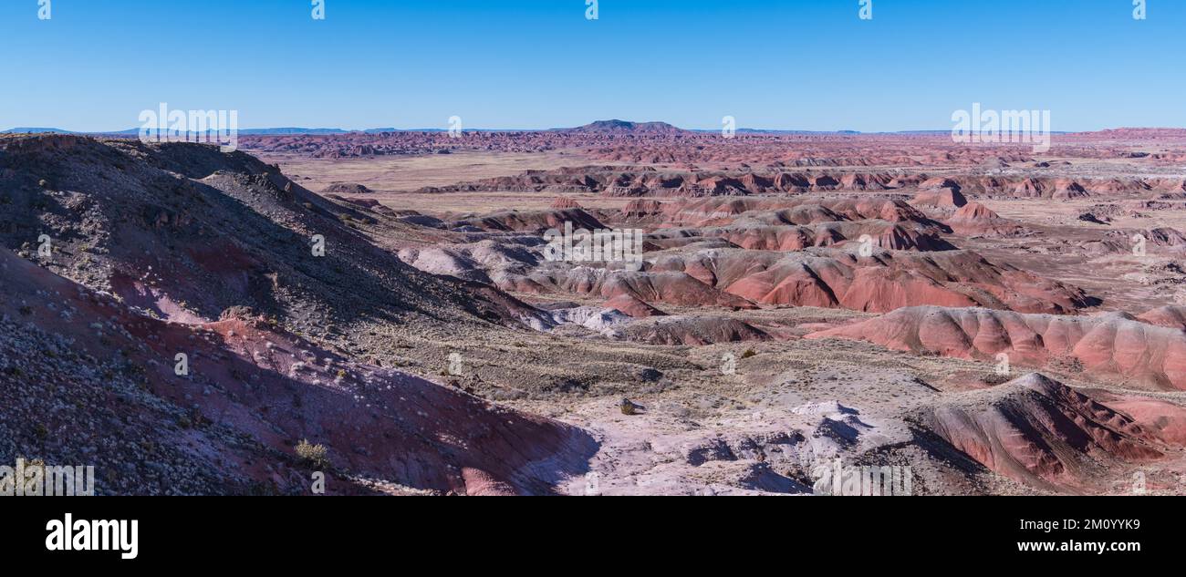 High angle panorama of colorful badlands of the Painted Desert in Petrified Forest National Park, Arizona Stock Photo