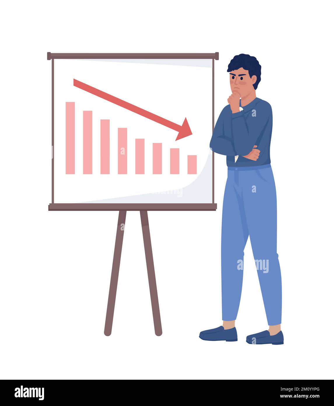 Thoughtful man near failure graph semi flat color vector character Stock Vector