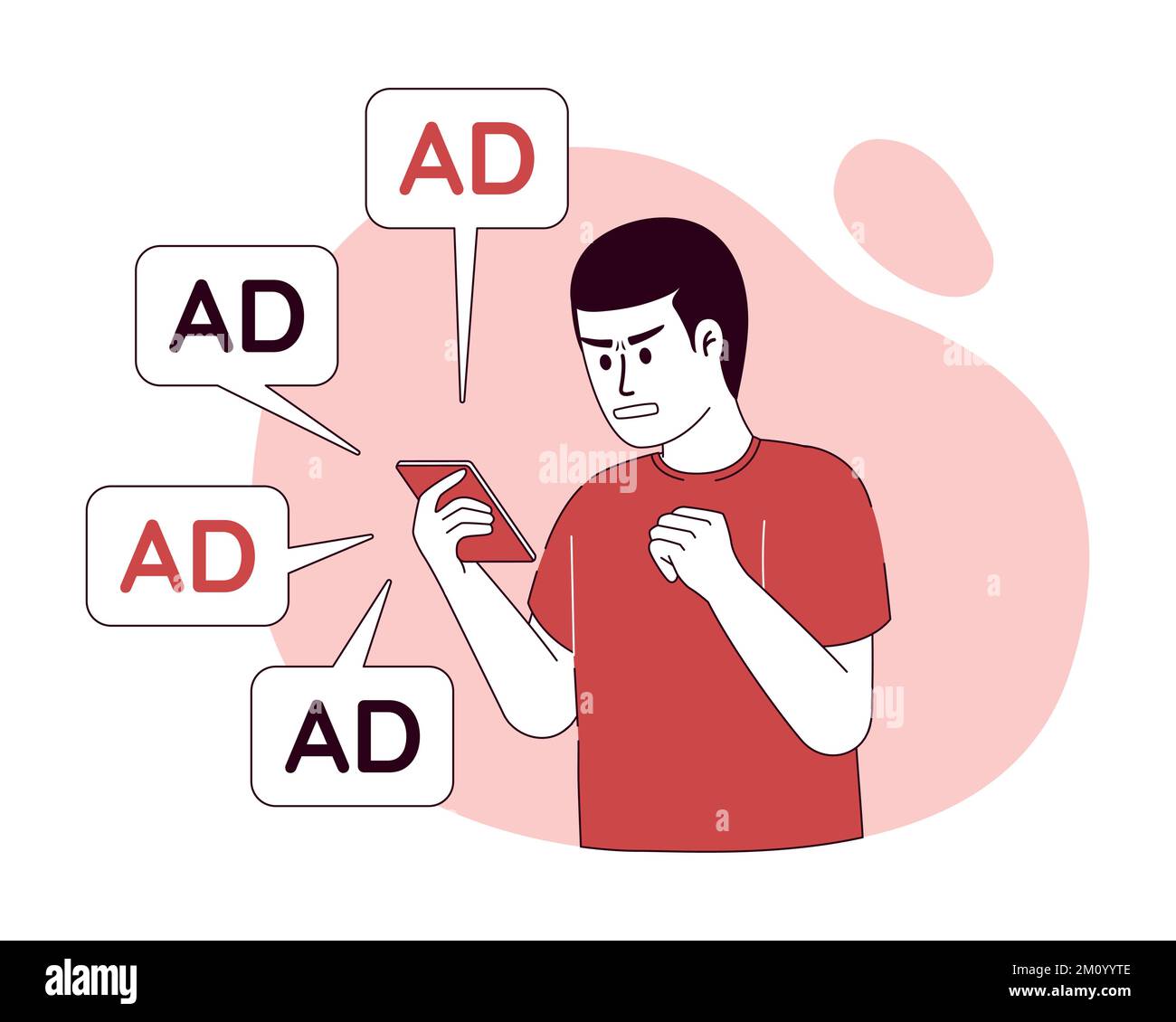 Man annoyed by ads 2D vector isolated linear illustration Stock Vector