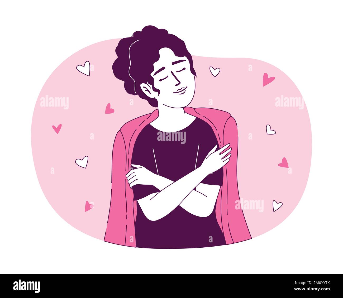 Woman hugging herself 2D vector isolated linear illustration Stock Vector