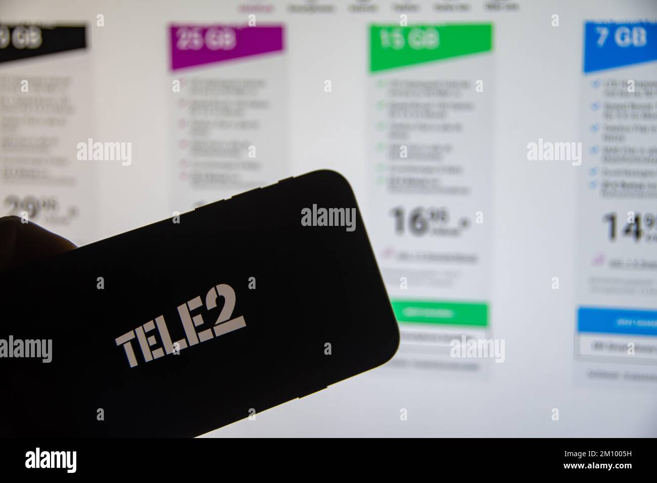 Rheinbach, Germany  8 December 2022, The brand logo of the Swedish telecommunications company 'Tele 2' on the display of a smartphone Stock Photo