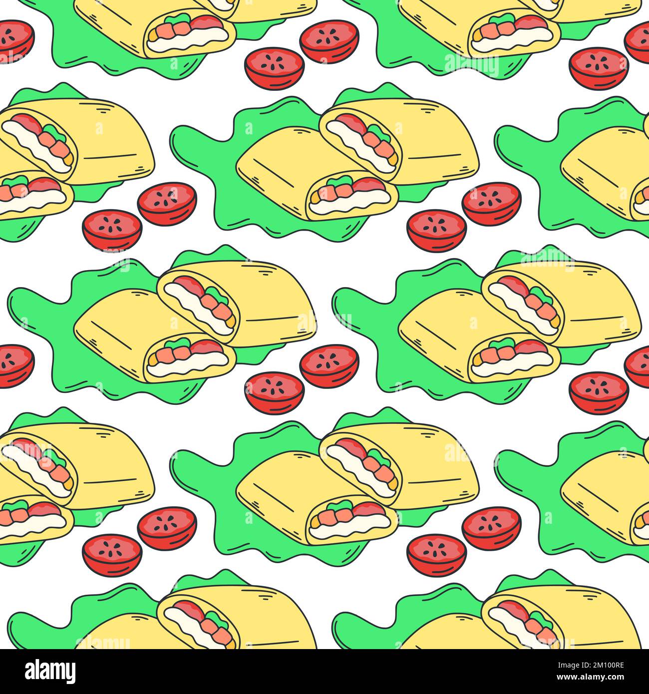Burrito with lettuce and tomatoes seamless pattern. Latin American food background. Print traditional mexican dish. Repeat food template for textile Stock Vector