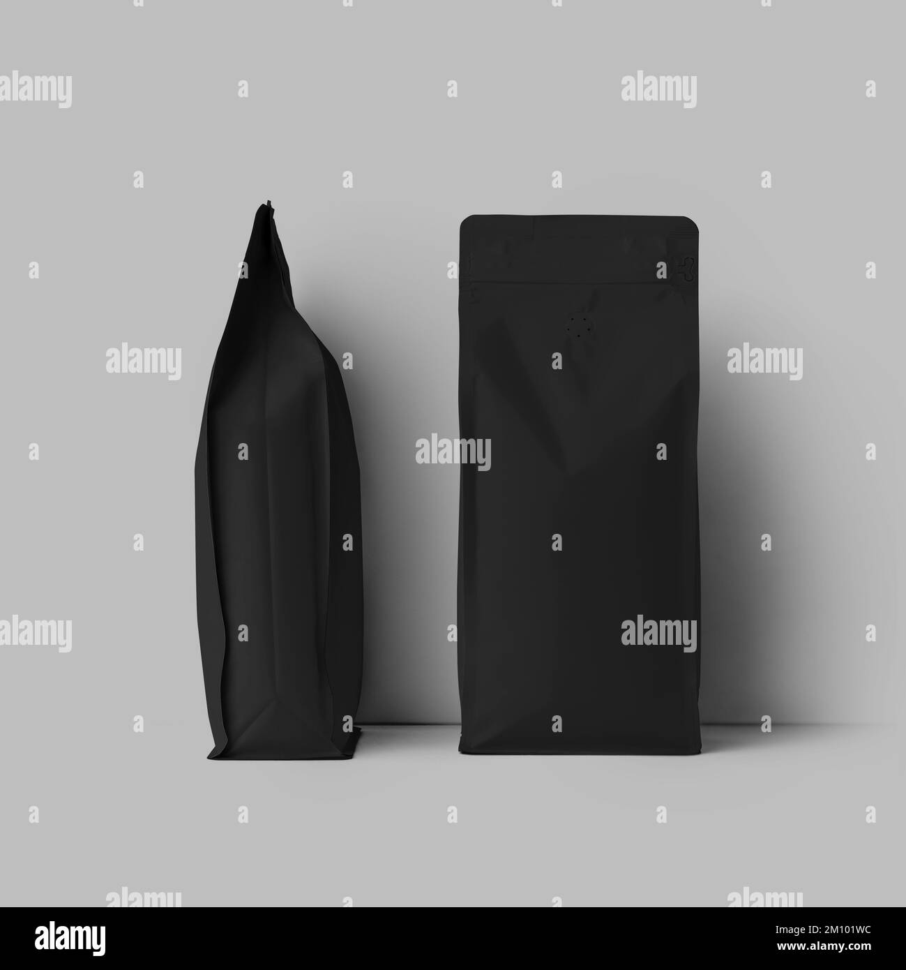 Mockup of black gusset pouch for coffee, tea, bag with degassing valve, front, side view, container isolated on background. Set. Premium doypack templ Stock Photo