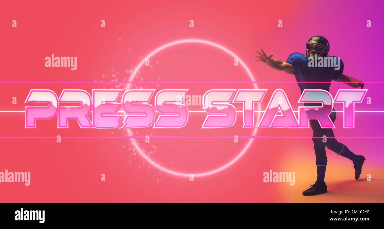 Press start text with circle and american football player throwing ball ...