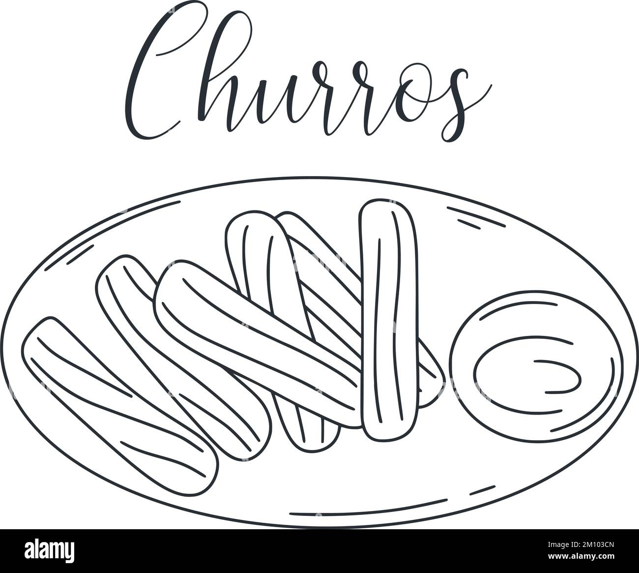 Churros sweet dessert doodle illustration. Mexican flour sticks with chocolate. Latin american food vector. simple ink outline image of delicious Stock Vector