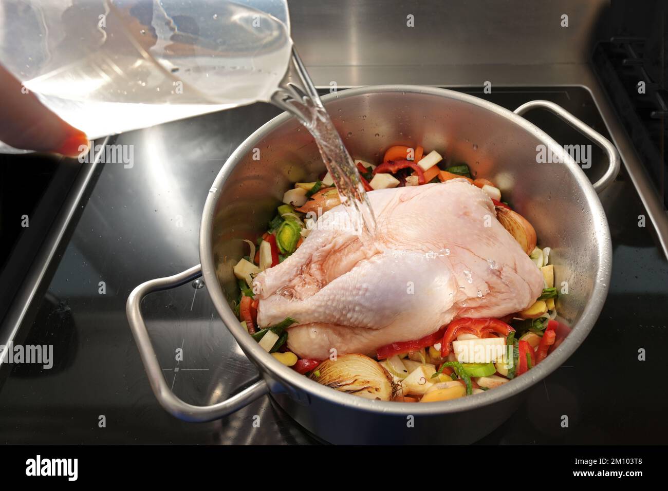 Whole raw chicken in a pot with chopped vegetables is poured with cold water for cooking a healthy soup against cold and flu, selected focus, narrow d Stock Photo