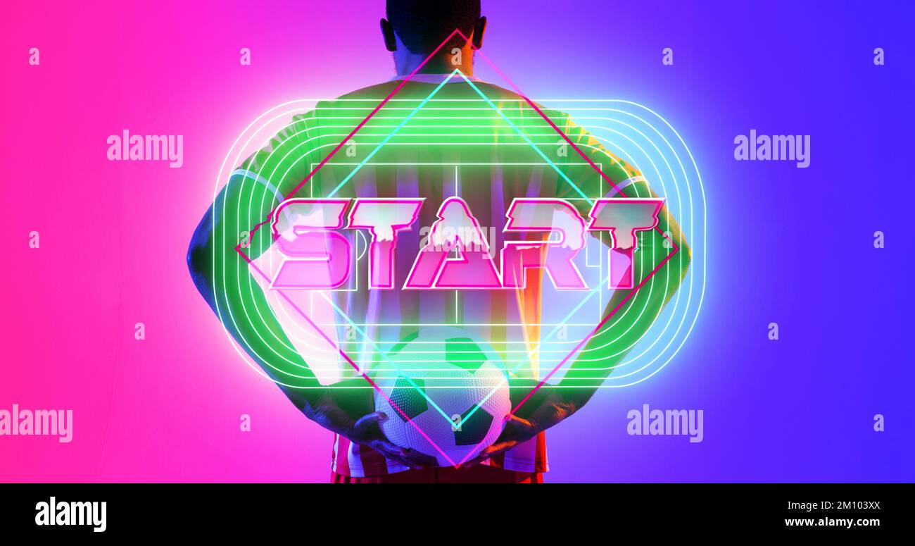 Rear view of start text and caucasian soccer player with arms akimbo over neon, copy space. Computer graphic, copy space, sport, design, athlete, comp Stock Photo
