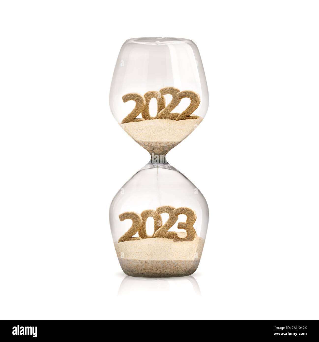 Sand watch 2023. Happy New Year. Greeting card template. 3D rendering. Transition from 2022 to 2023. Loading new year 2022 to 2023. 3D illustration. Stock Photo