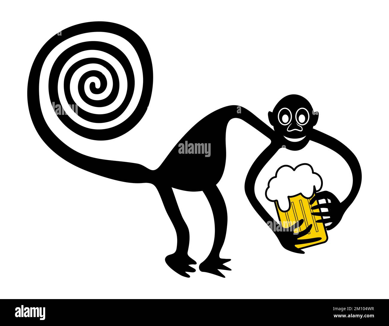 Monkey with beer and beer belly - paraphrase of the famous geoglyph of the Monkey from Nazca, The Nazca Lines, Nazca Desert, Peru Stock Photo