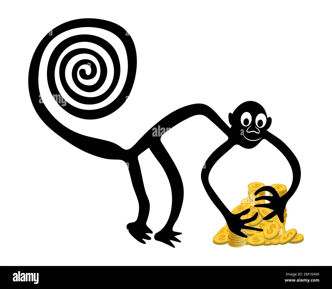 Monkey with a pile of golden coins - a paraphrase of the famous geoglyph The Monkey from Nazca Stock Photo