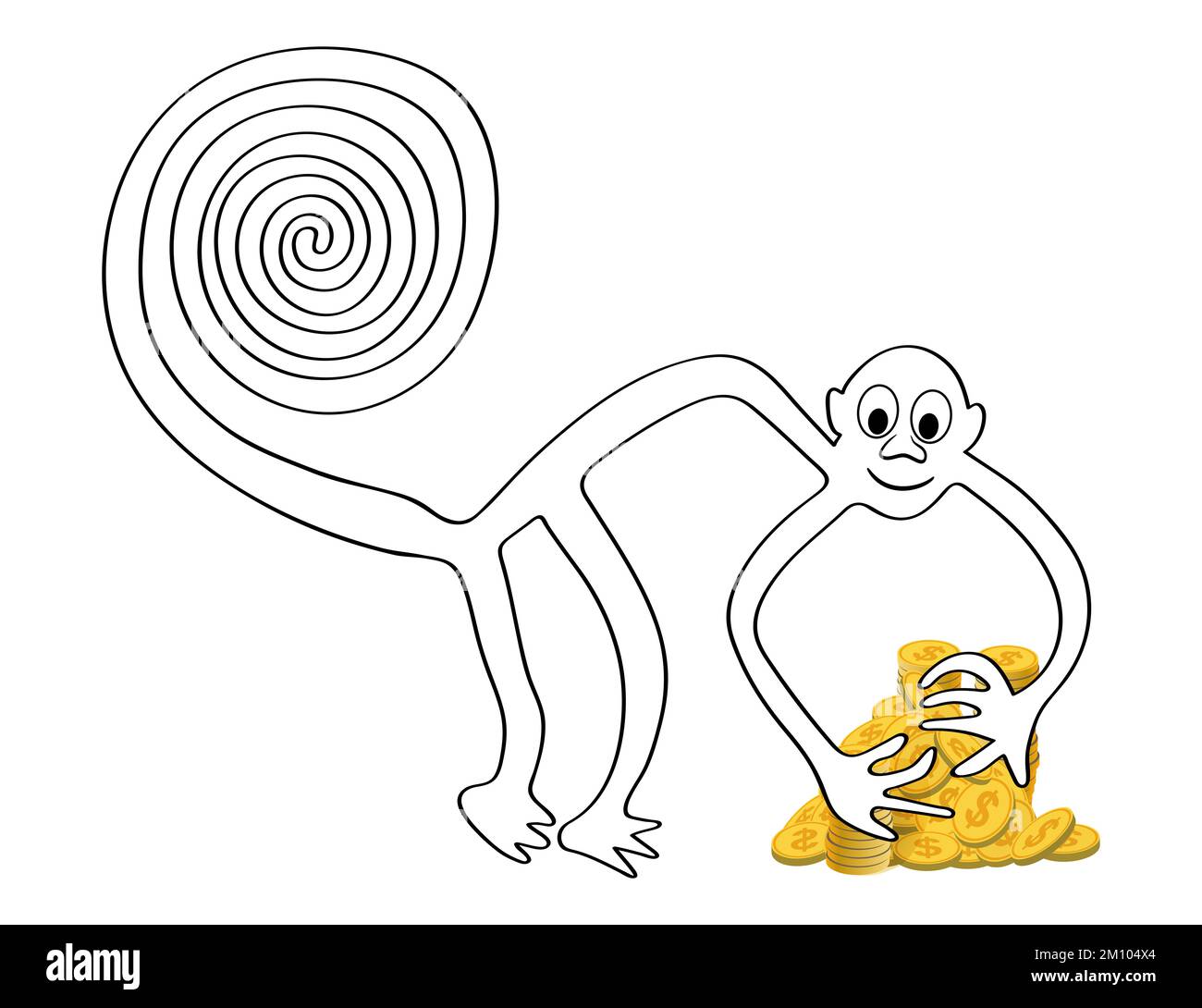 Monkey with a pile of golden coins - a paraphrase of the famous geoglyph The Monkey from Nazca, Nazca desert, Peru Stock Photo