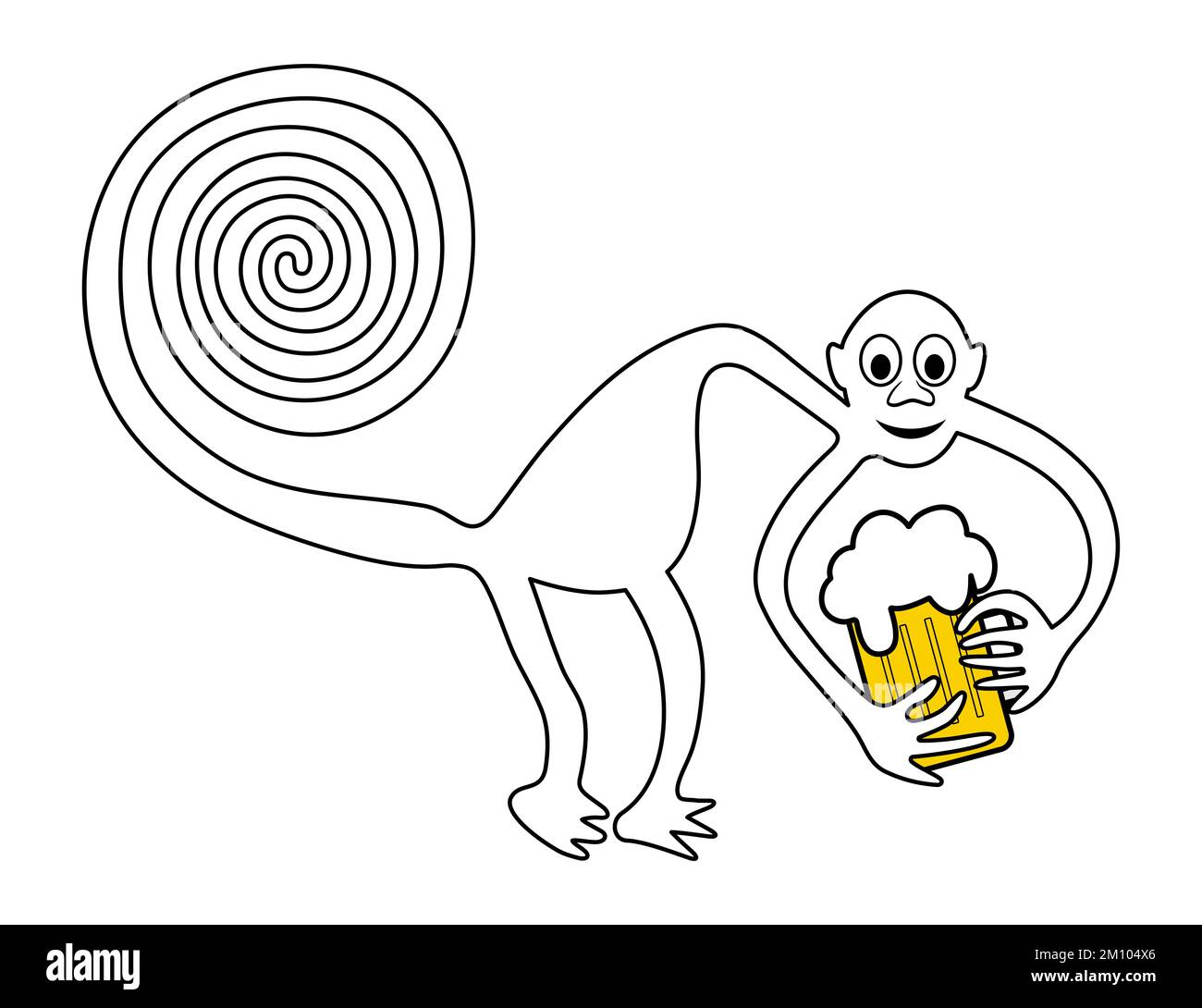 Monkey with beer and beer belly - paraphrase of the famous geoglyph of the Monkey from Nazca, The Nazca Lines, Nazca Desert, Peru Stock Photo