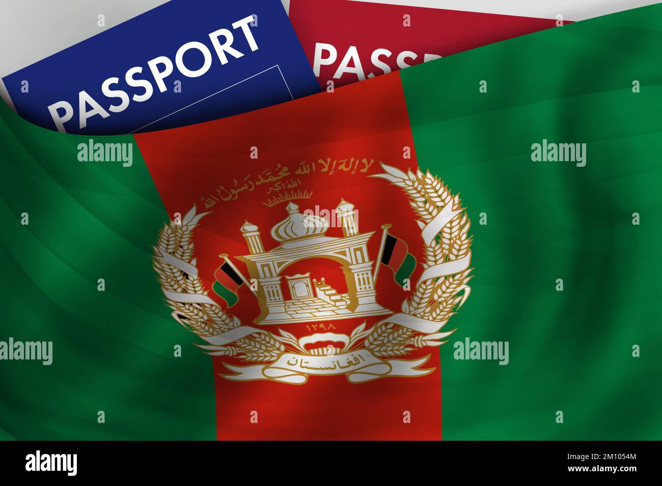 Afghanistan flag background and passport of Afghanistan. Citizenship, official legal immigration, visa, business and travel concept. Stock Photo