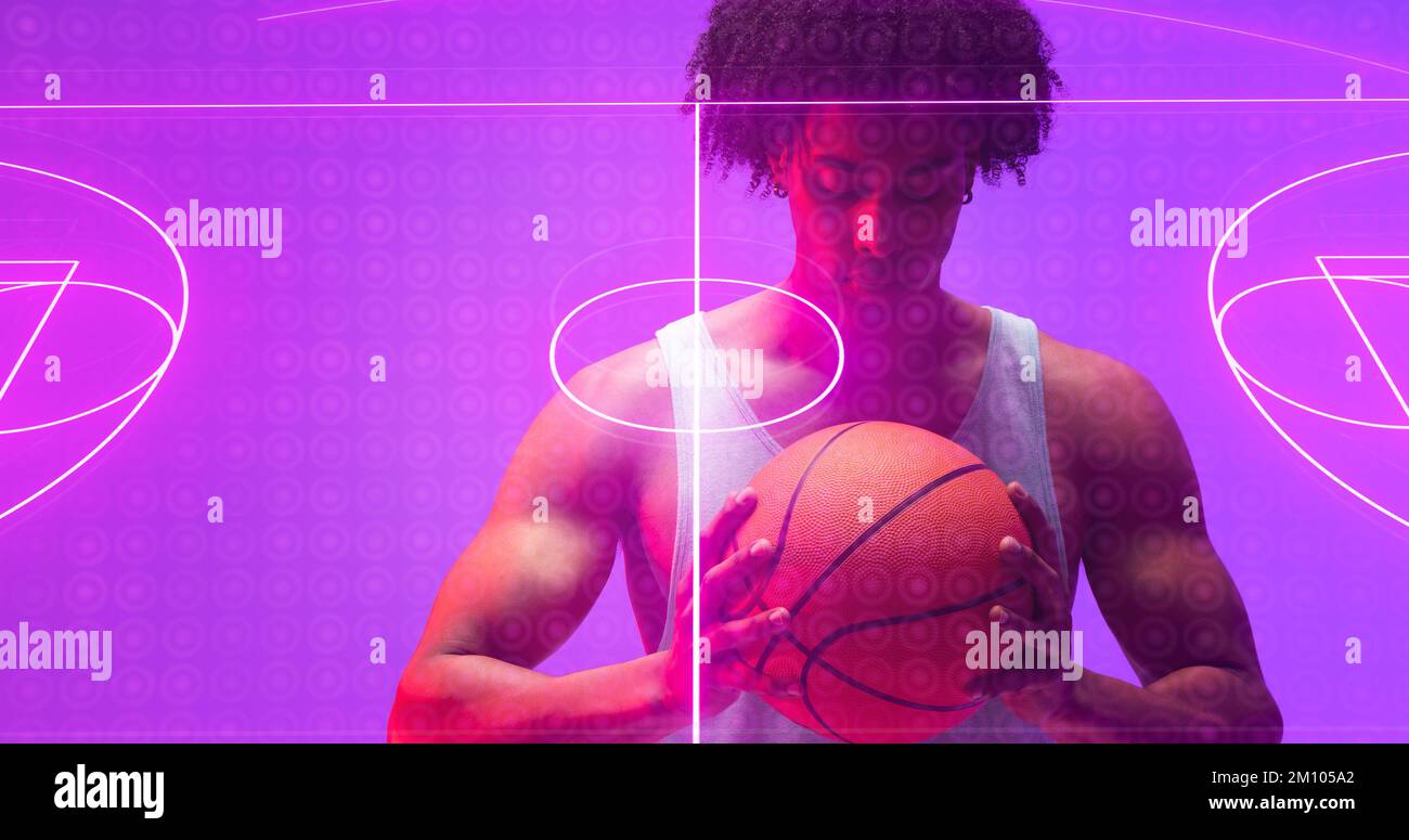 Composite of illuminated basketball court and circles over biracial