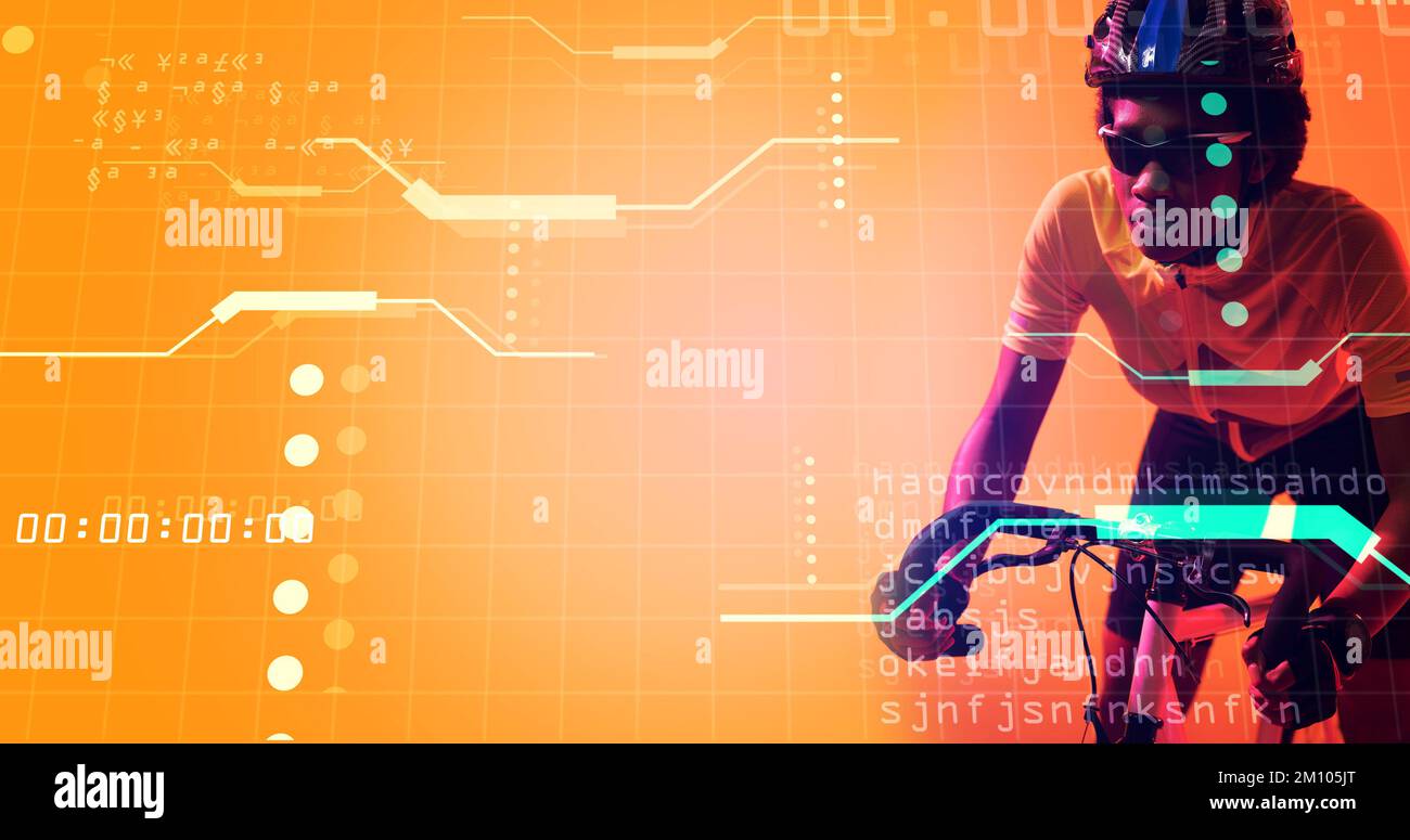 Biracial female cyclist riding bike over illuminated grid pattern with lines, dots and codes. Composite, sport, cycling, racing, competition, computer Stock Photo