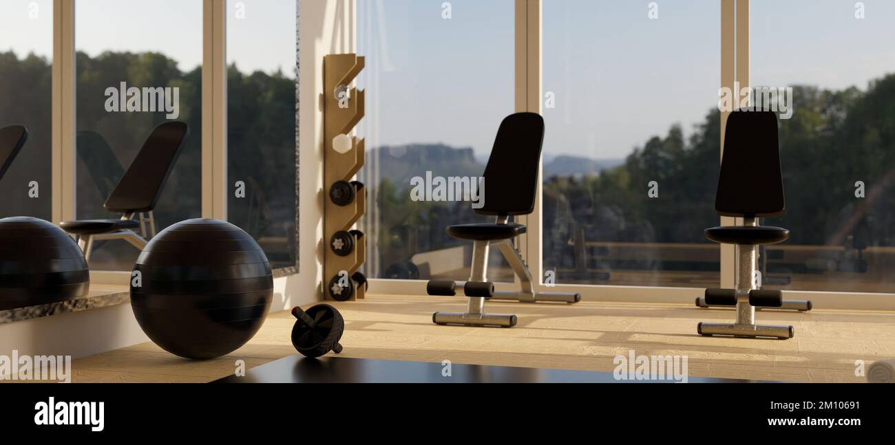 Modern fitness gym interior design with sport equipments, yoga ball ...