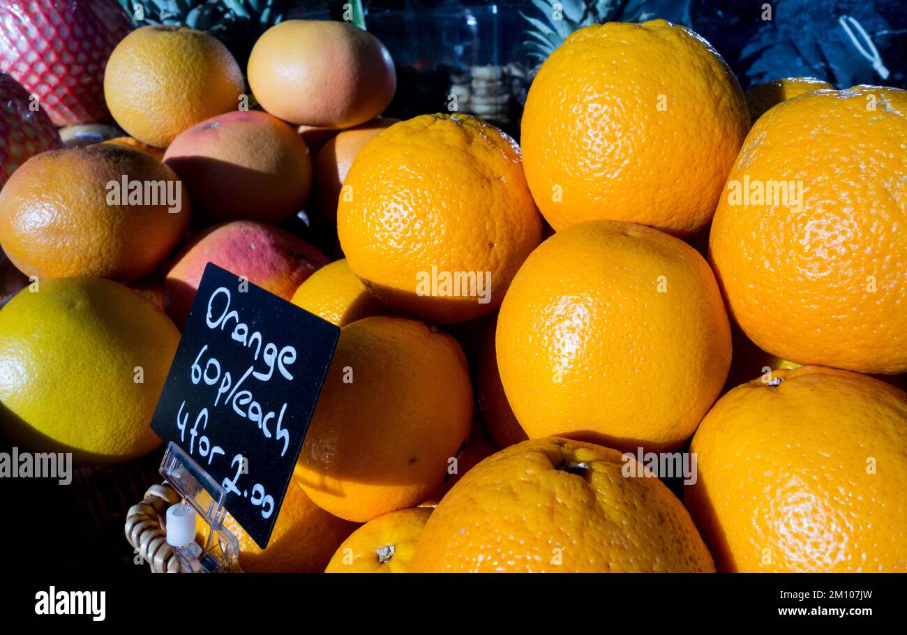 Closeup of Oranges on display outside a greengrocers' shop in London, England, UK Stock Photo