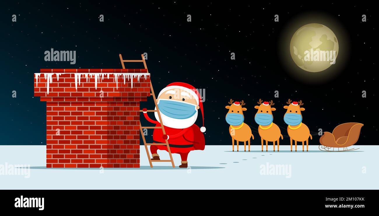 Santa and reindeers in masks standing on roof. Vector illustration. Stock Vector