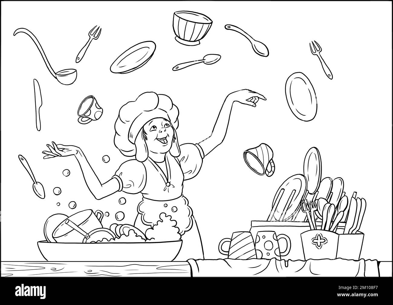 Young funny magician washing dishes. Coloring template for wizard lover. Stock Photo