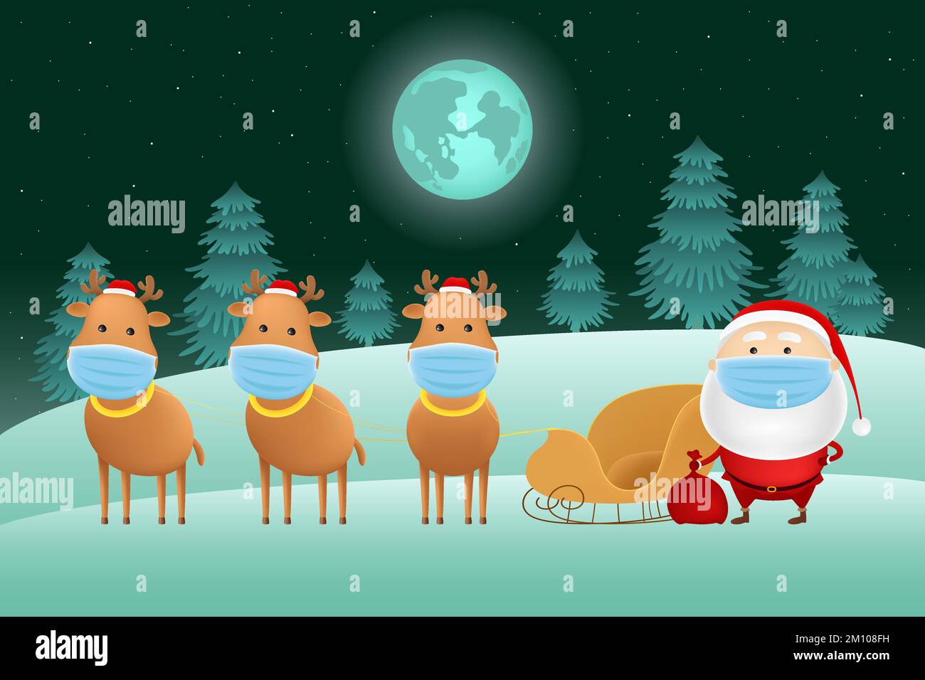 Santa and reindeers in medical masks. Vector illustration. Stock Vector