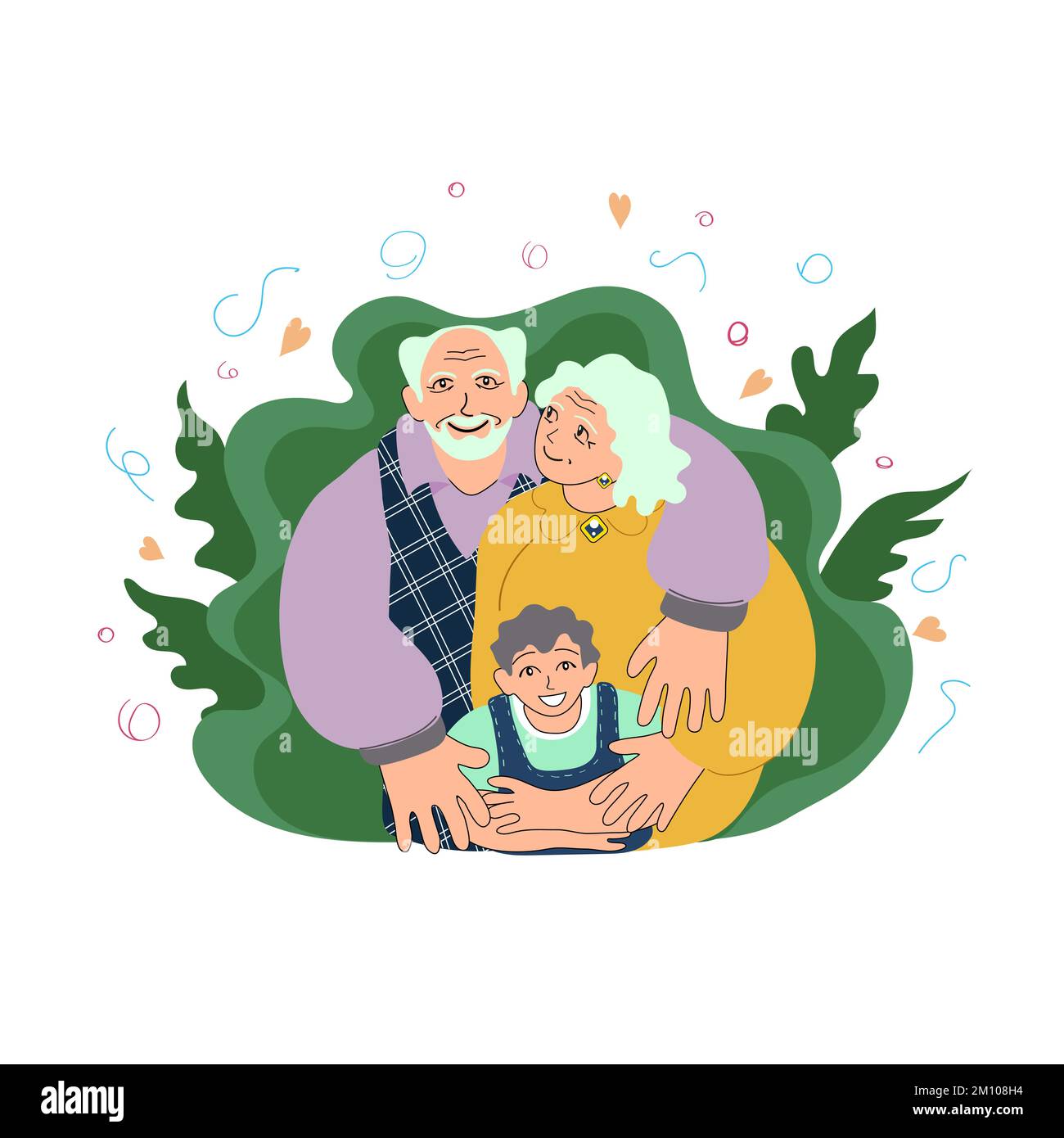 Joyful european grandparents standing with grandson and hugging. Stock Vector