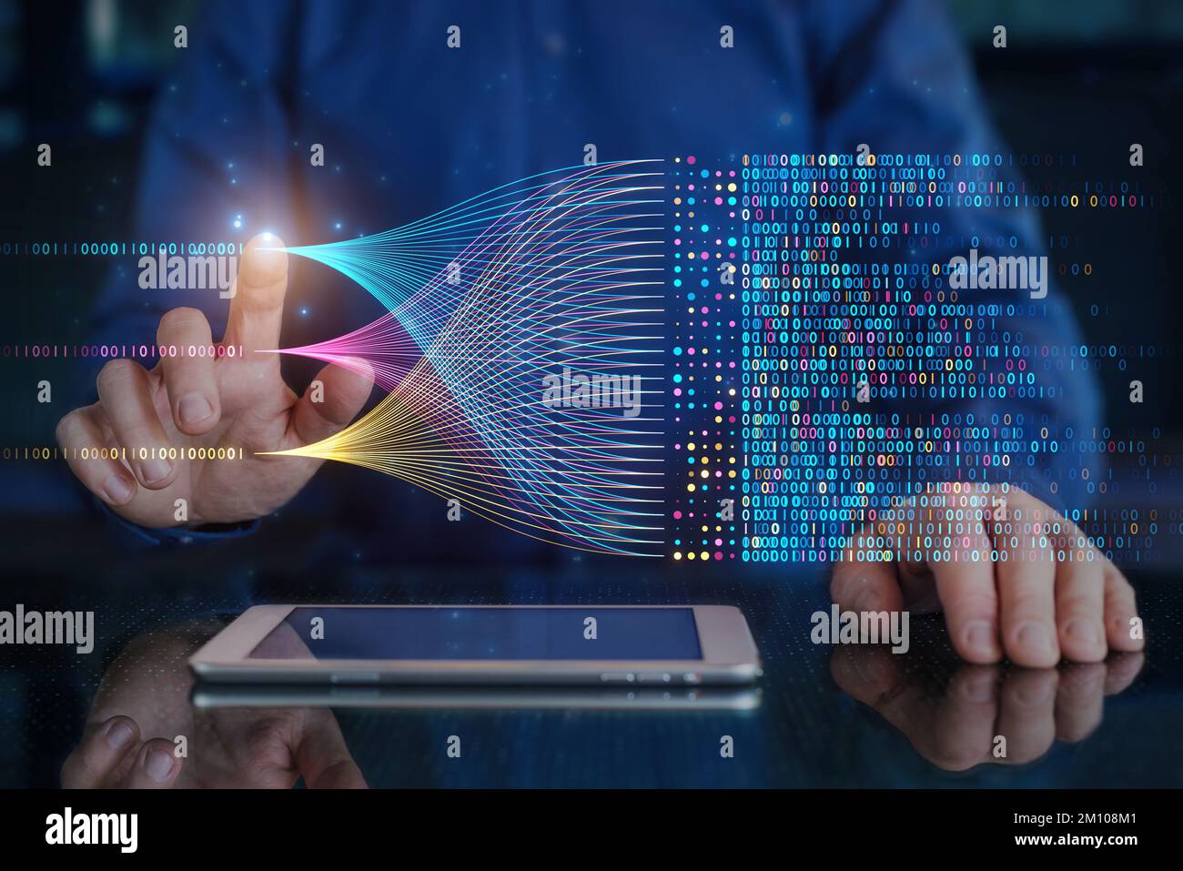 Big data technology and data science. Data scientist querying, analysing and visualizing complex data set on virtual screen. Data flow concept. Busine Stock Photo