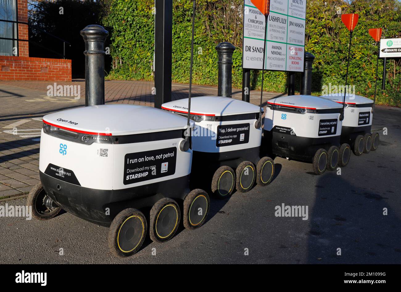 Coop Grocery delivery bots delivering groceries in Adel, Leeds. A 3