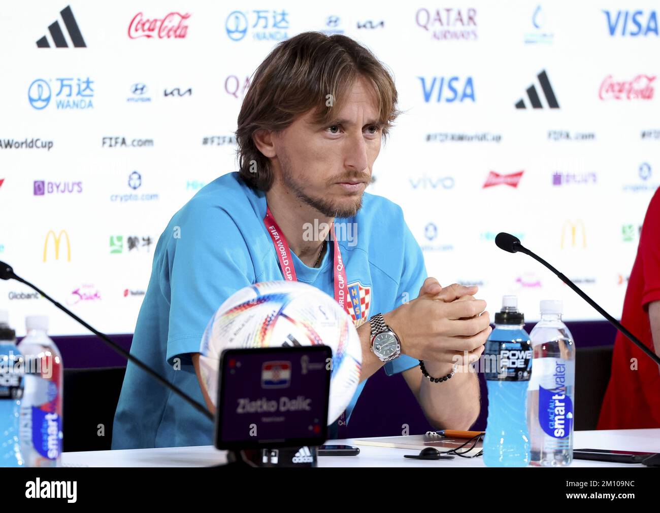 Luka Modric of Croatia answers to the media during a press conference at the Qatar National Convention Center QNCC during the FIFA World Cup 2022 on December 8, 2022 in Doha, Qatar - Photo: Jean Catuffe/DPPI/LiveMedia Stock Photo