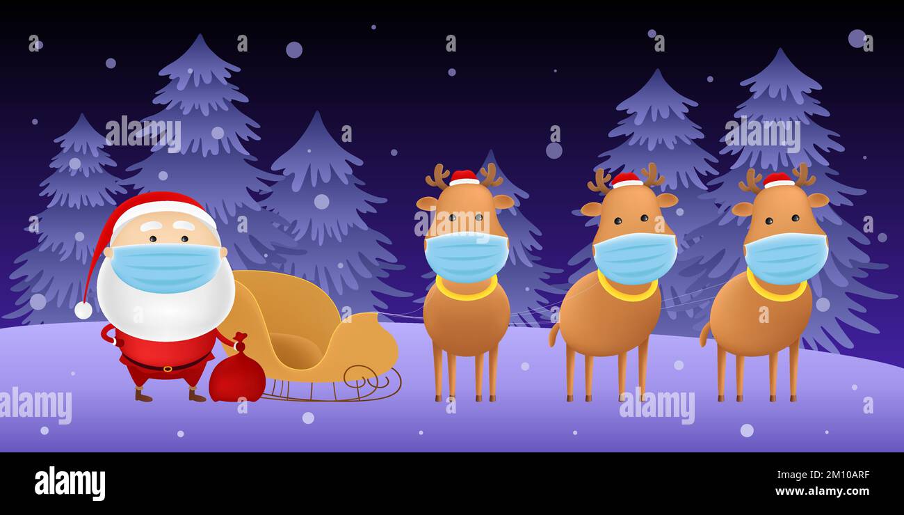 Santa in medical mask and reindeer team. Vector illustration. Stock Vector