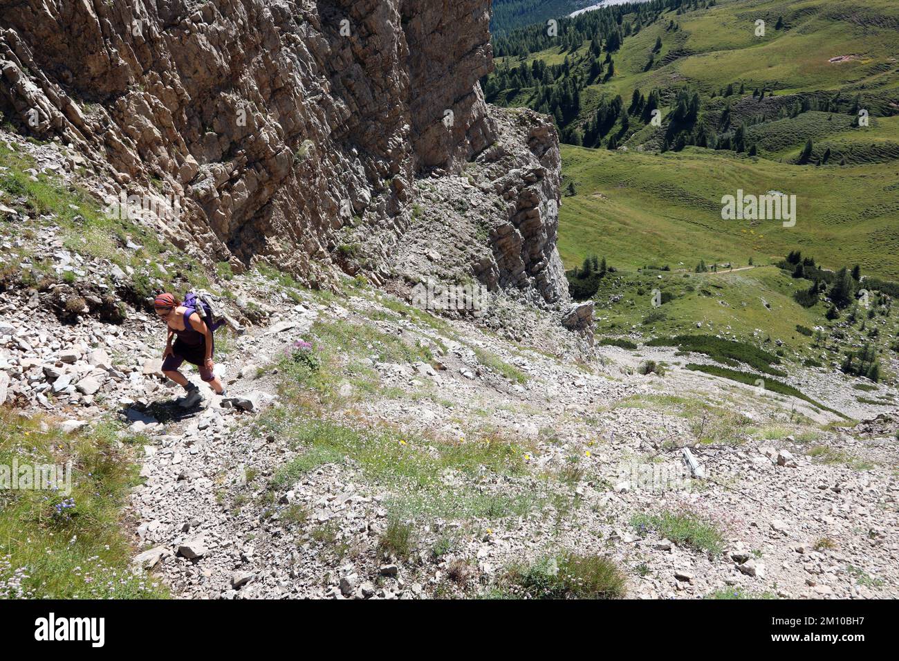young woman hiker walks in the high mountain trail in the Italian Alps ...