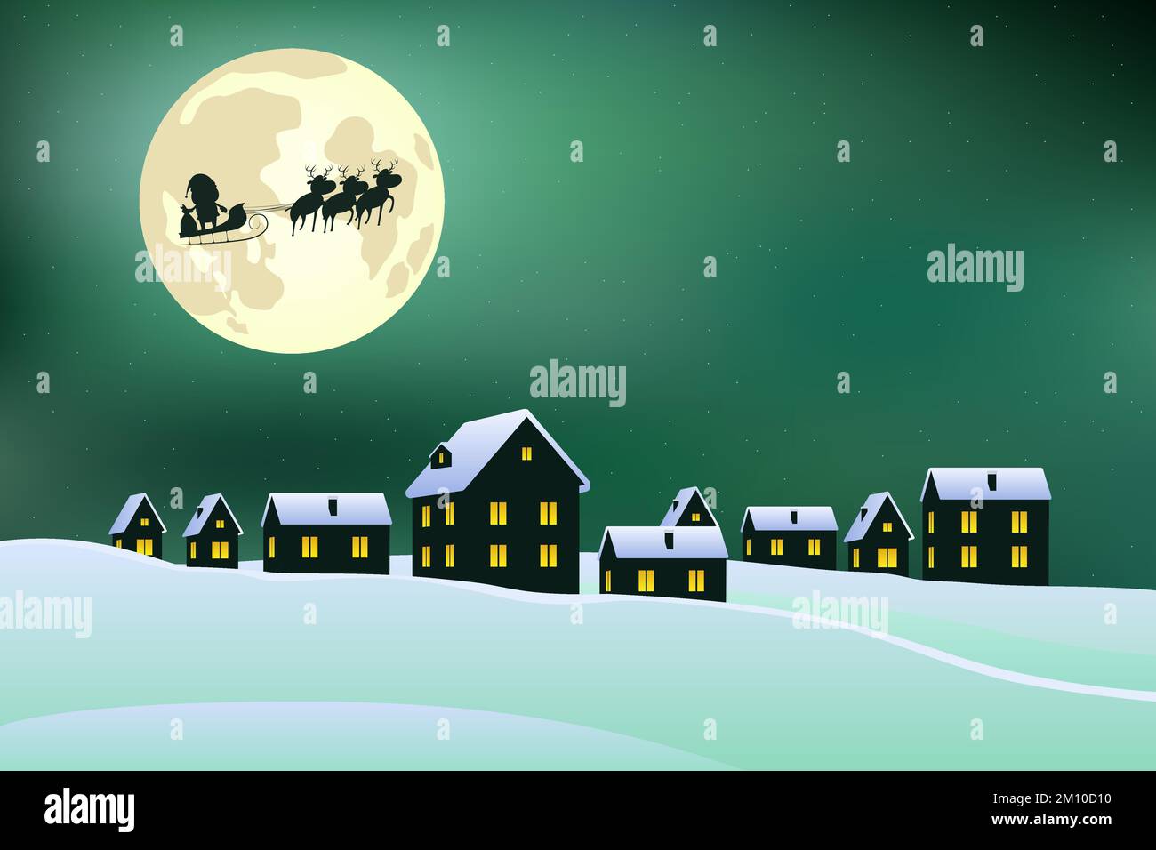 Santa Claus flying on reindeer sledge. Vector illustration. Stock Vector