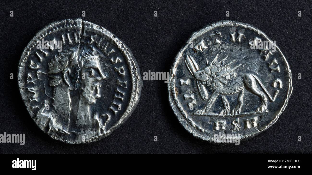 Roman silver denarius of Carausius, Very rare coin. Stock Photo