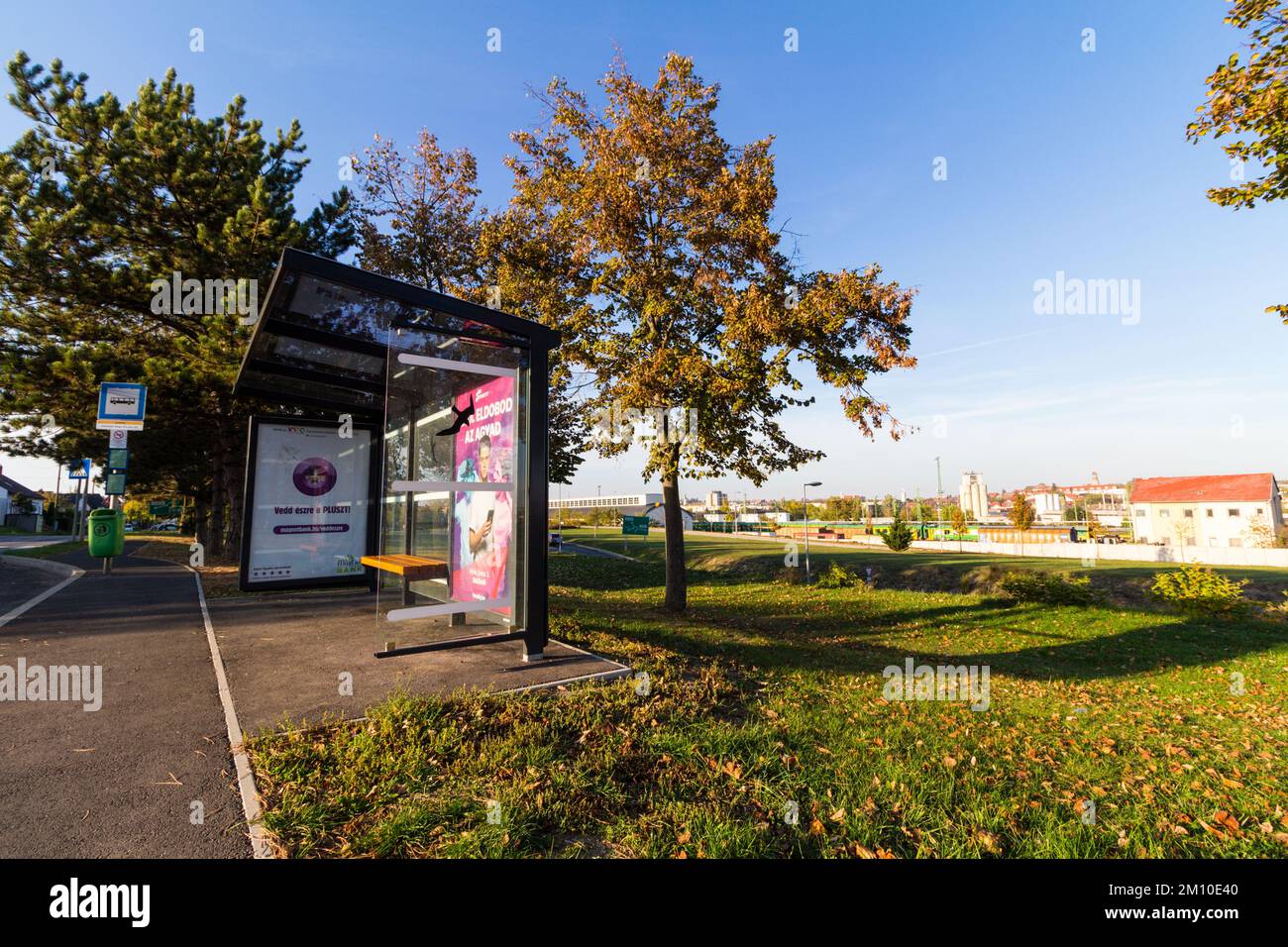 Modern bus stop in suburb, Sopron, Hungary Stock Photo