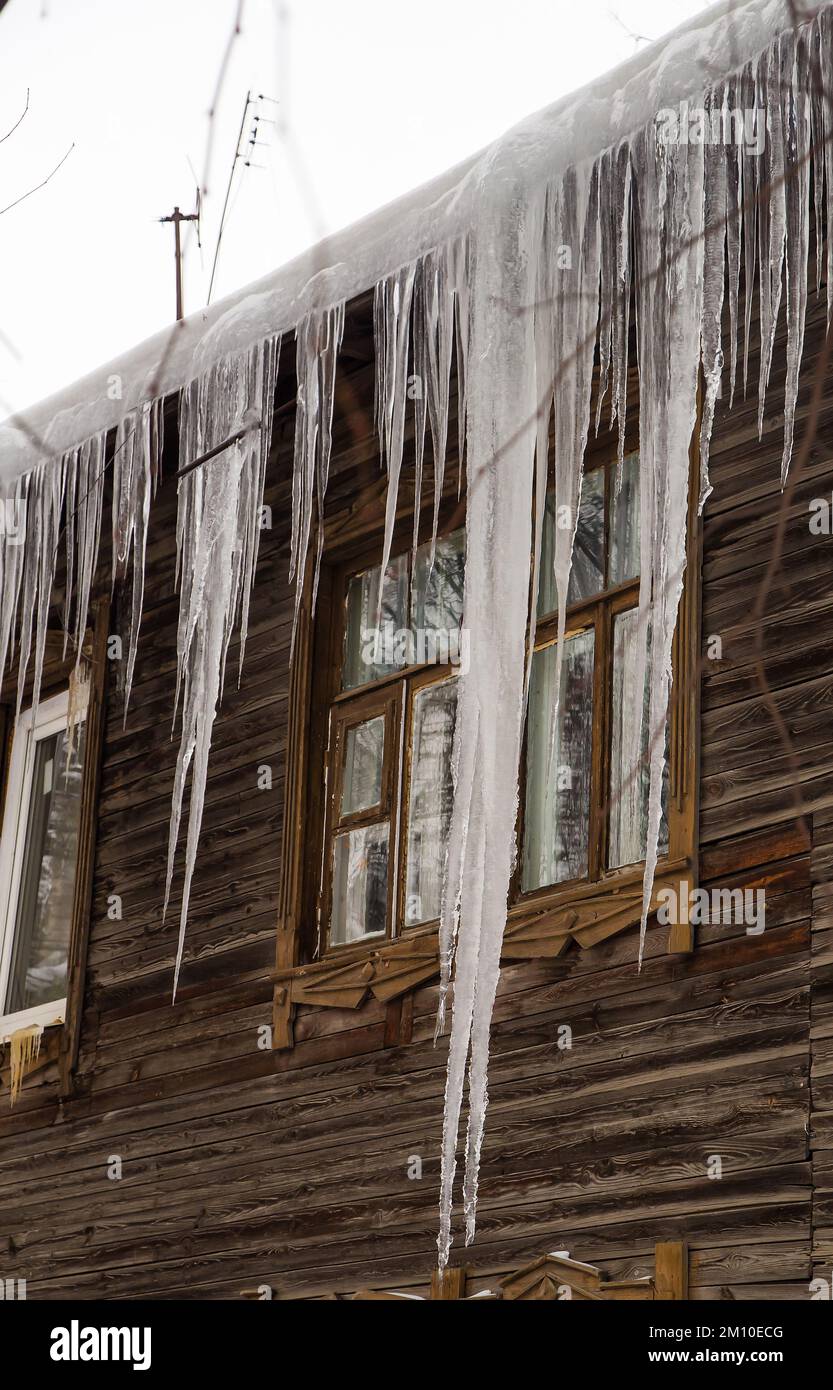 Long, icy icicles hang on the edge of the roof, winter or spring. Plank wall of an old wooden house with windows. Large cascades of icicles in smooth, beautiful rows. Cloudy winter day, soft light. Stock Photo