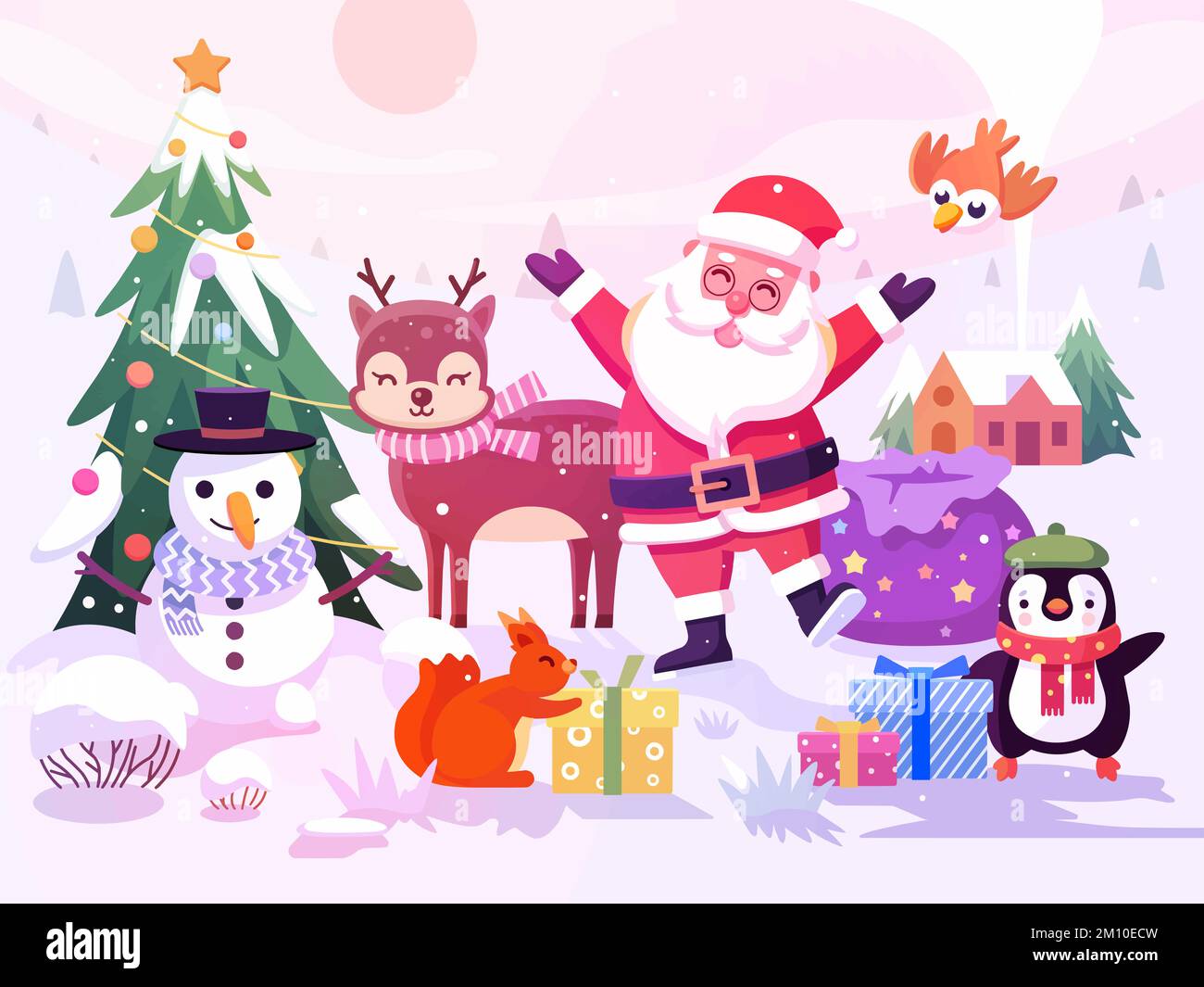 Funny Santa Claus Merry Christmas tree Happy New Year Celebration Gift Christmas Postcard Christmas Website illustration Stock Photo