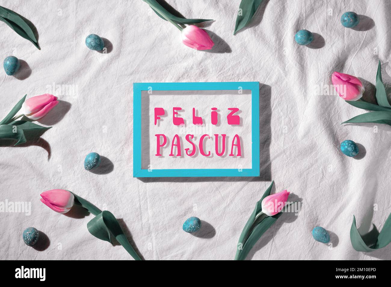 Easter background, pink tulip flowers and quail eggs. Decorated background with blackboard. Text Feliz Pascua means Happy Easter in Spanish language Stock Photo
