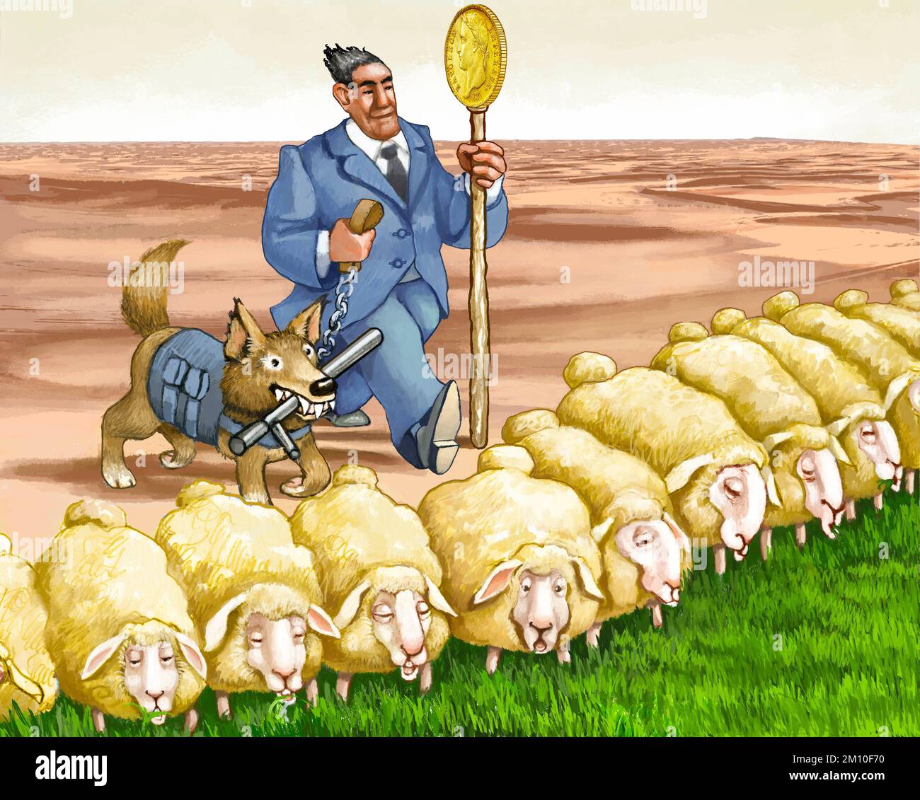 A financier with a coin on his stick and a wolfhound with a truncheon push sheep to eat all the grass leaving the desert behind them, a metaphor for e Stock Photo