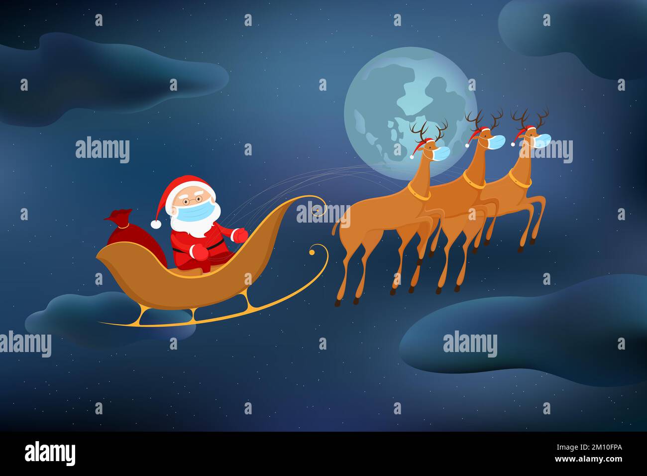 Santa Claus in face mask flying on reindeer sledge. Cartoon. Vector