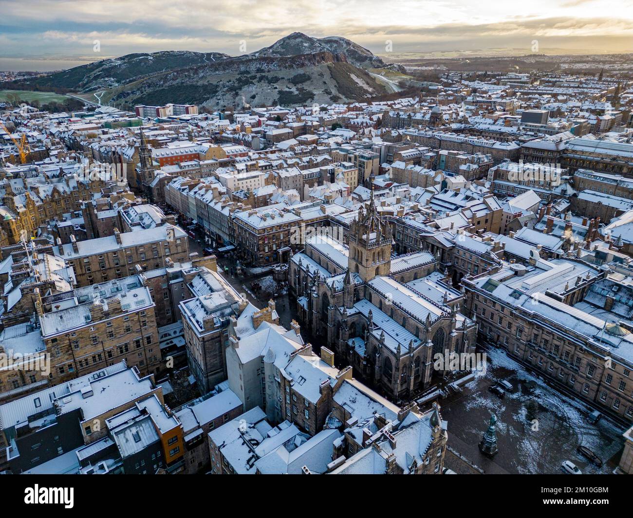 Edinburgh Snowfall Aerial view of winter snow covered rooftops in Edinburgh Old Town ...