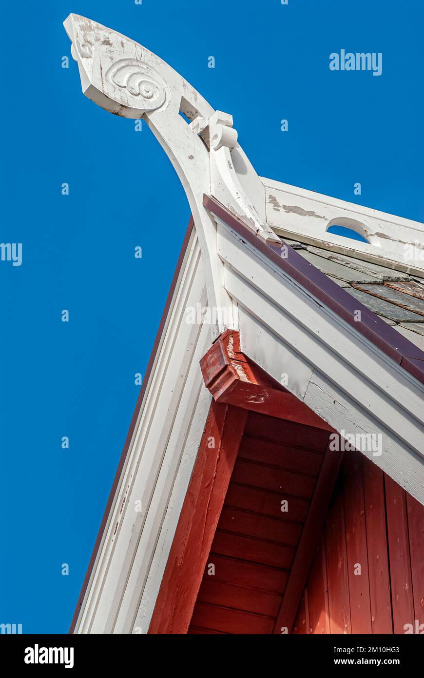 Viking style roof detail of the wooden Buksnes Church in Gravdal on the