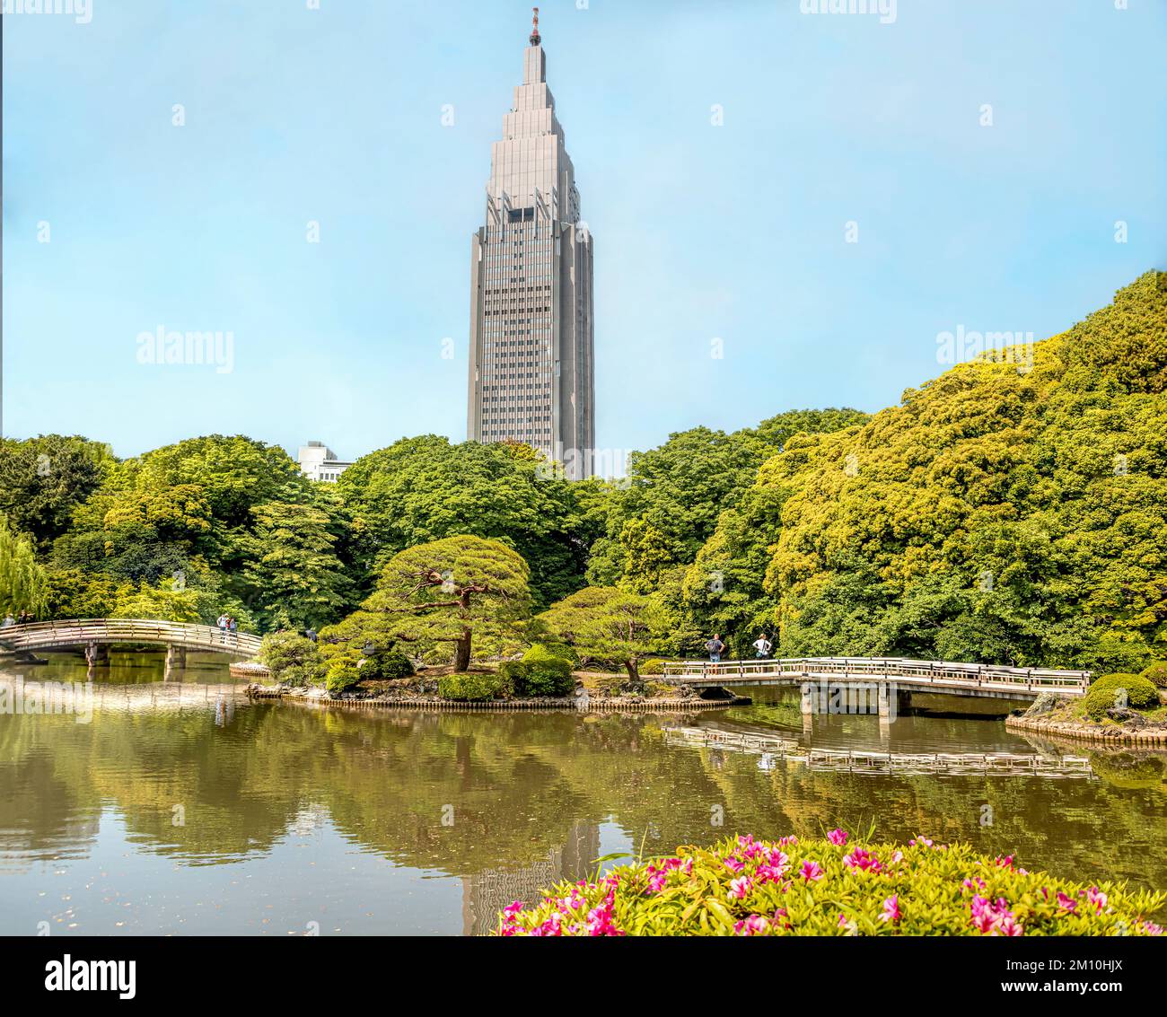 NTT Docomo Yoyogi Building seen from Shinjuku Gyoen National Garden, Tokyo, Japan Stock Photo