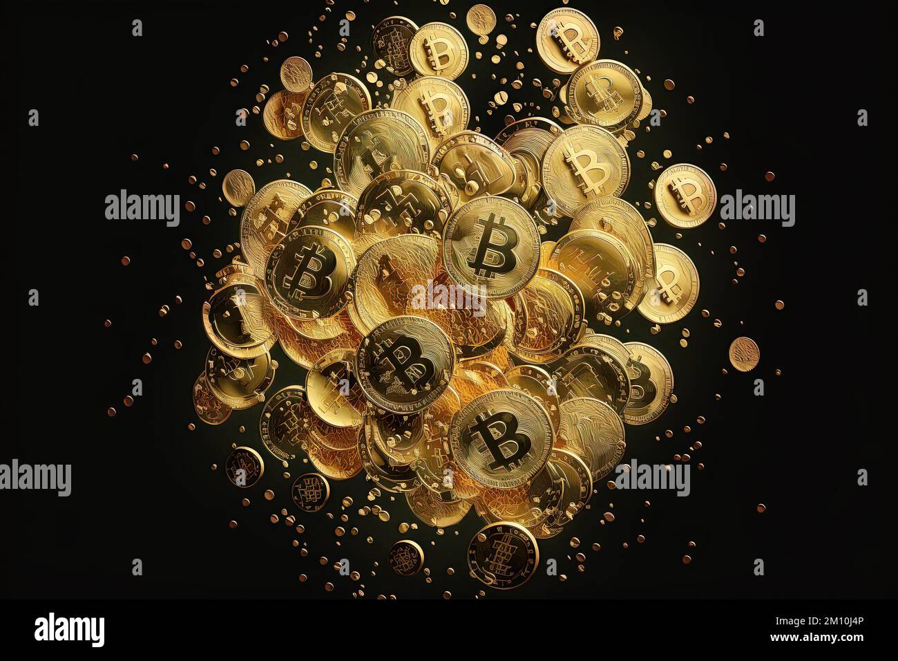 Illuminated Golden Bitcoin Coins In Mid-air BLACK Background. This ...