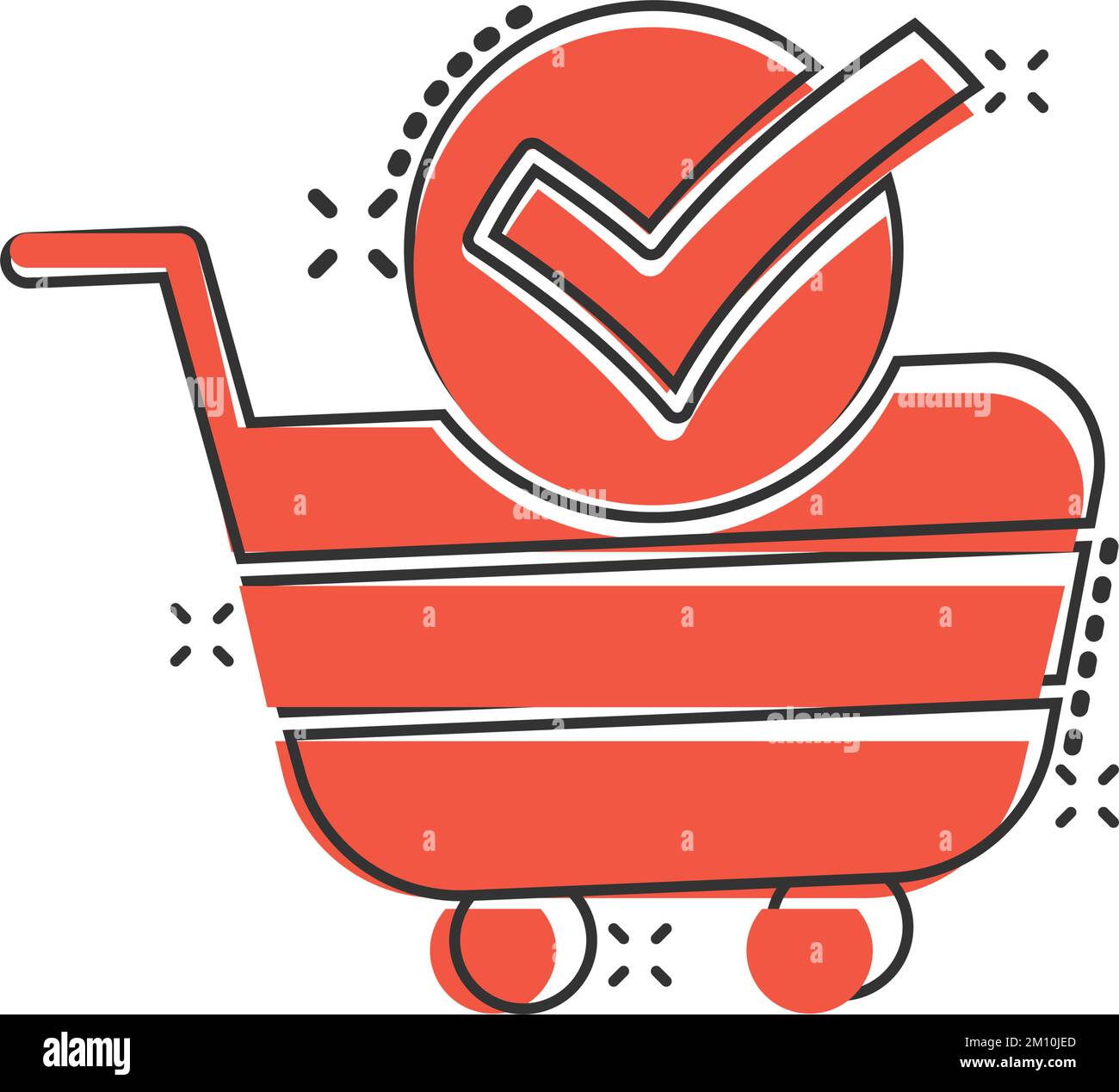 Shopping cart check mark icon in comic style. Buy approval cartoon