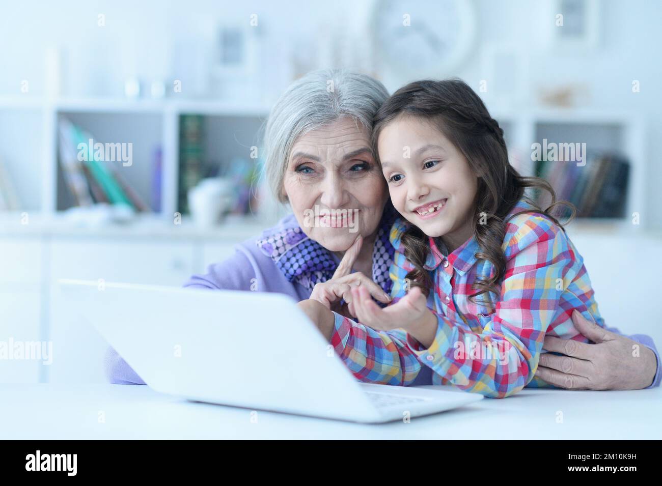 portrait of happy grandmother and daughter using laptop Stock Photo - Alamy