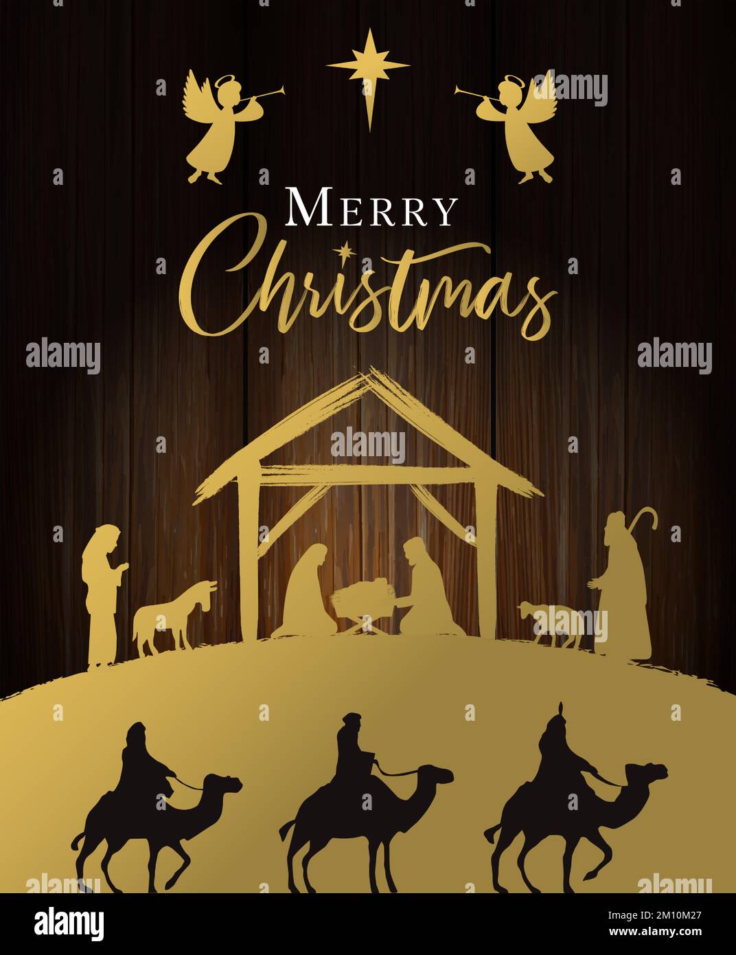 Golden Nativity scene with Holy family and Merry Christmas calligraphy on wooden texture. Jesus in manger, Mary, Joseph, wisemen, shepherds, angels Stock Vector